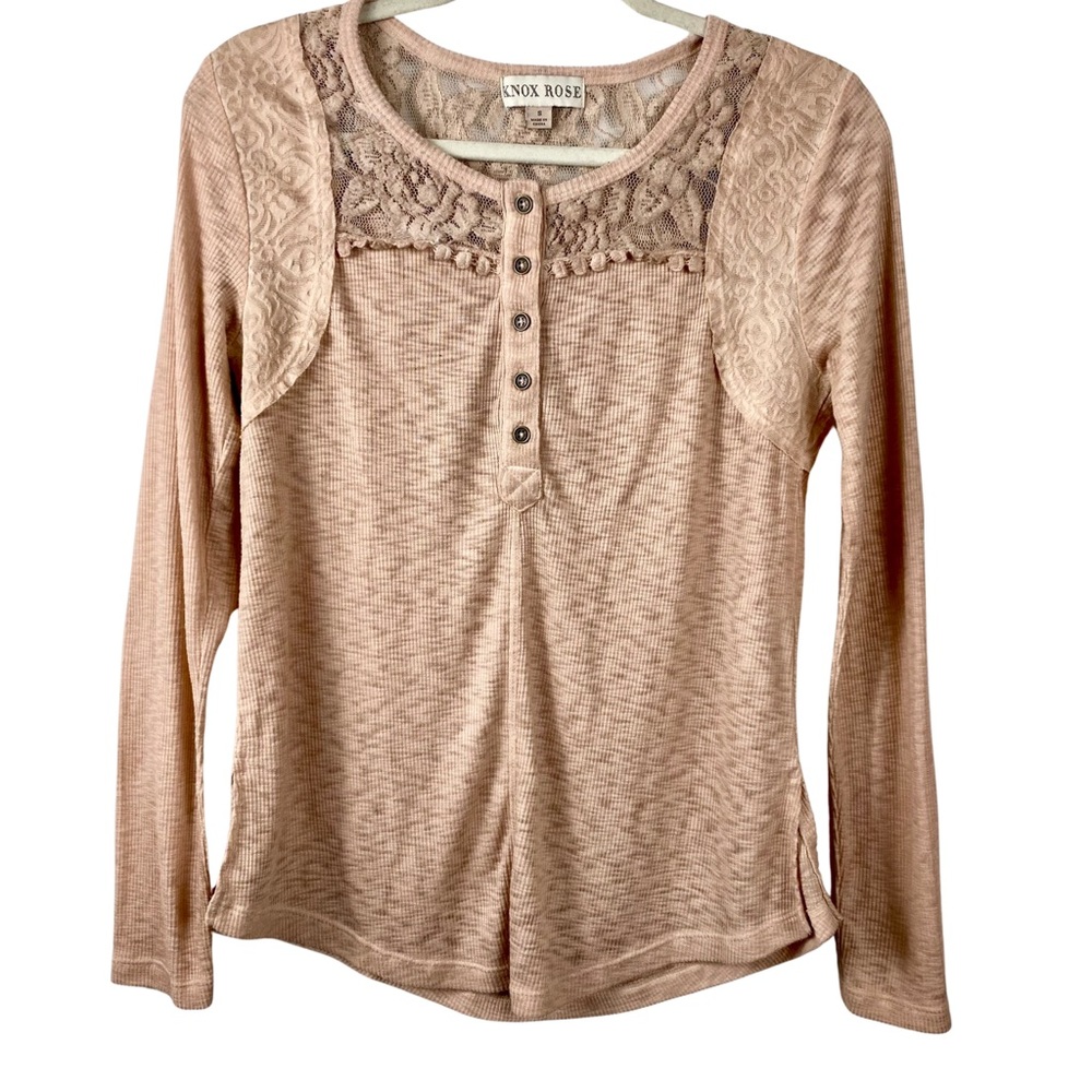 Knox Rose Dusty Pink Long Sleeve Henley Top Ribbed Texture Lace Accents Size S